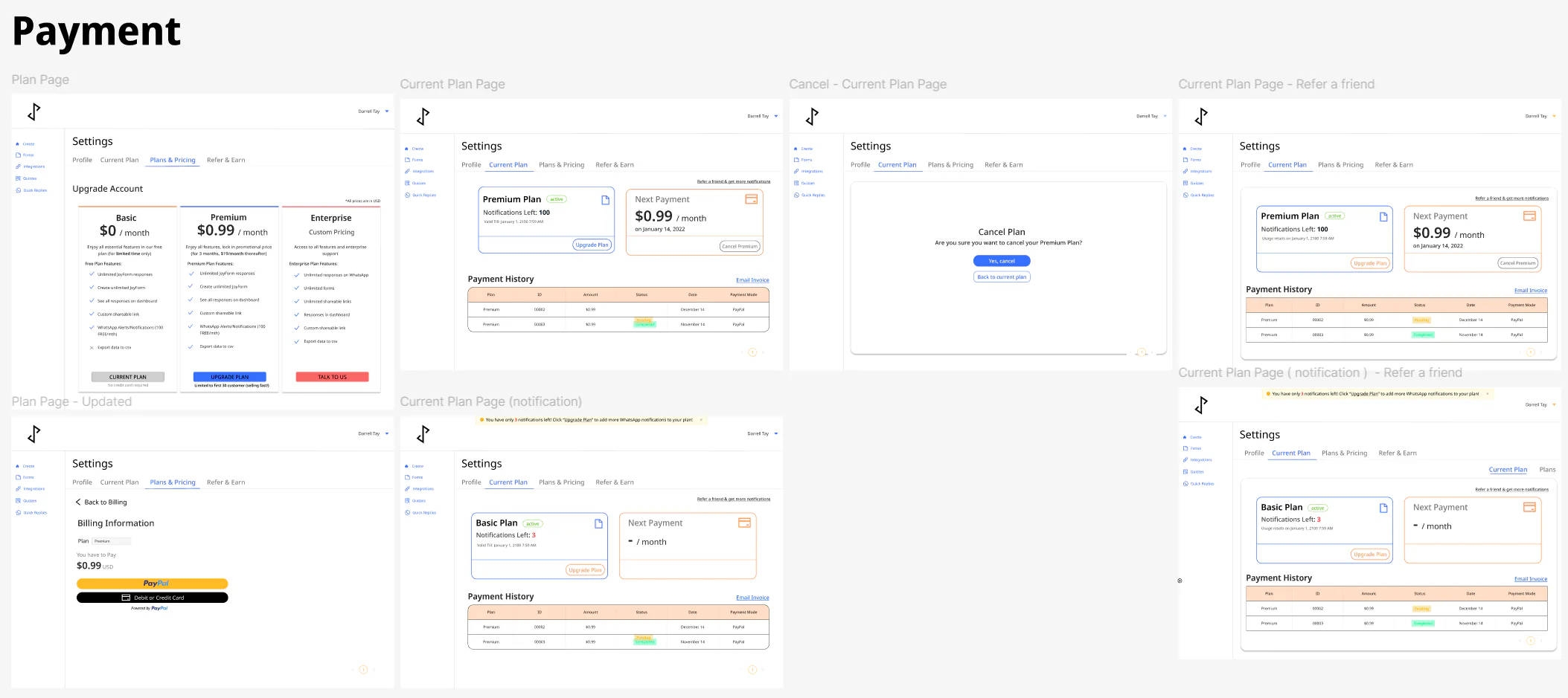 An overview of JoyForm’s plan and billing screens — plan comparison, current plan status, payment history and plan cancellation.